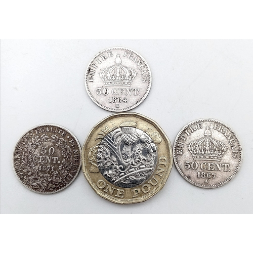 953 - Three French 50 Centimes Silver Coins - 1864, 1867 and 1871.