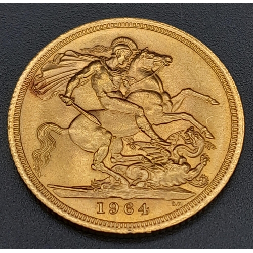 501 - A 1964 Queen Elizabeth II 22K Gold Full Sovereign. EF but please see photos.