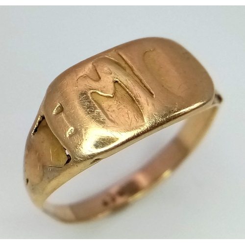 582 - A Vintage 9K Yellow Gold Initialled Signet Ring. Size I. 2.26g weight.