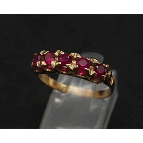 197 - A vintage, 14 K yellow ring with five round cut, natural, untreated high quality rubies with excelle... 