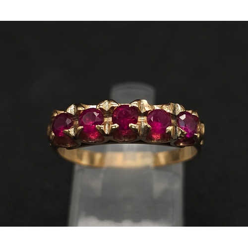 197 - A vintage, 14 K yellow ring with five round cut, natural, untreated high quality rubies with excelle... 