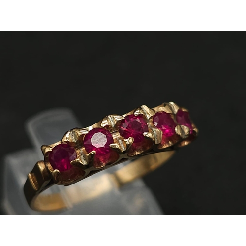 197 - A vintage, 14 K yellow ring with five round cut, natural, untreated high quality rubies with excelle... 