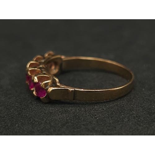 197 - A vintage, 14 K yellow ring with five round cut, natural, untreated high quality rubies with excelle... 