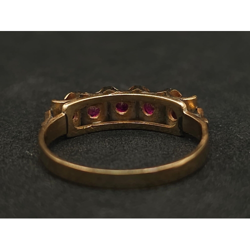 197 - A vintage, 14 K yellow ring with five round cut, natural, untreated high quality rubies with excelle... 