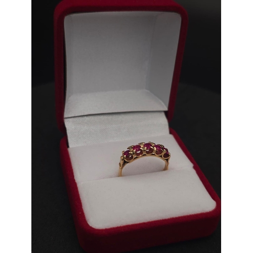 197 - A vintage, 14 K yellow ring with five round cut, natural, untreated high quality rubies with excelle... 