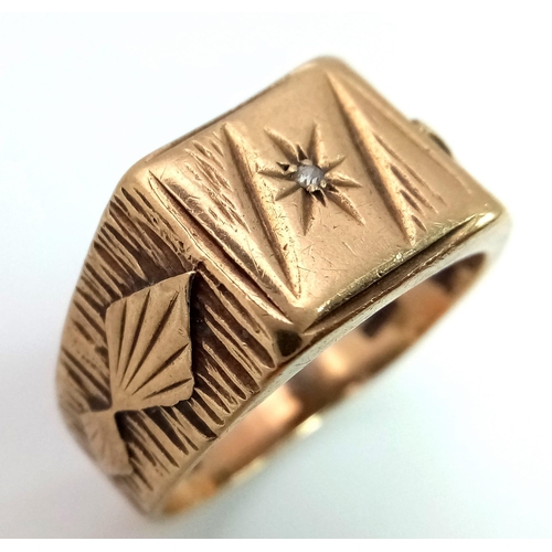 20 - A Vintage 9K Yellow Gold Gents Signet Diamond Ring. Small round cut diamond set in a star formation.... 