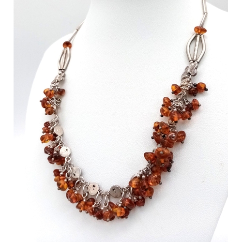 813 - A Vintage 925 Silver and Amber Cluster Necklace with Matching Earrings. 42cm necklace length