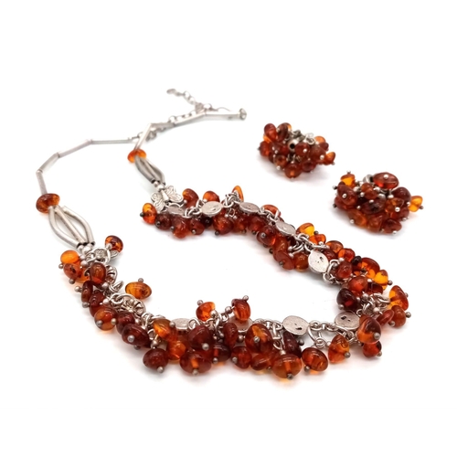 813 - A Vintage 925 Silver and Amber Cluster Necklace with Matching Earrings. 42cm necklace length