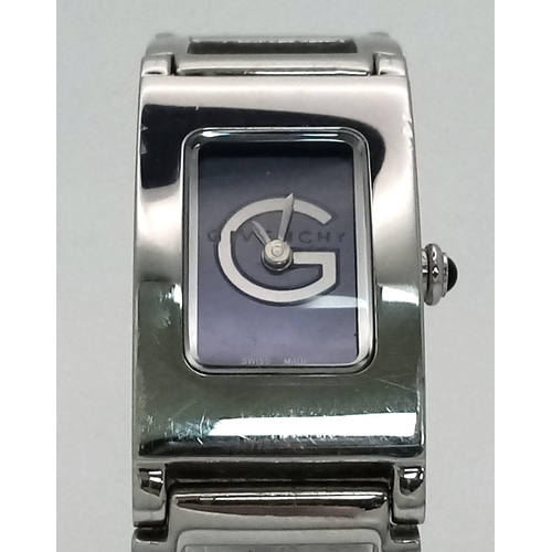 127 - A polished, stainless steel, ladies GIVENCHY-Paris watch, rectangular case 26 x 17 mm, dark blue dia... 