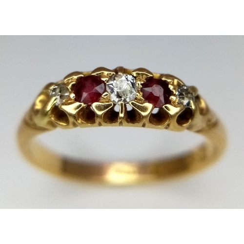 300 - Exquisite 18K Yellow Gold Rubies & Diamond Ring. Antique Hallmark for Chester, 1901. Ring Size T. 4.... 