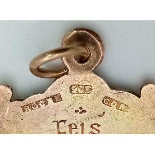 321 - 9K Yellow Gold Shield Fob. Engraved 'FEIS Bailemistaela 1928 Rinnce Tom Cullen' and awarded for Iris... 