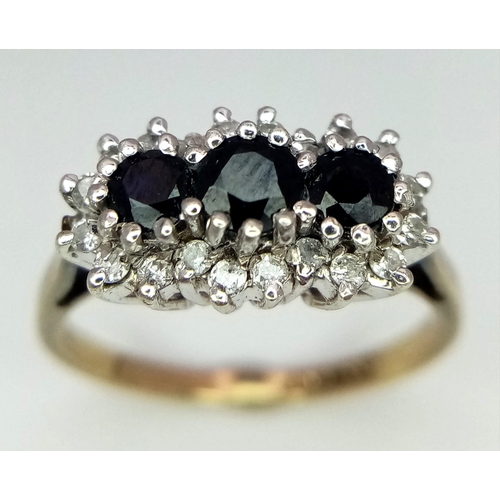 363 - A 9k yellow gold diamond and sapphire cluster ring. 3g total weight. Size M 1/2 (dia:0.40ct/sapp:0.8... 