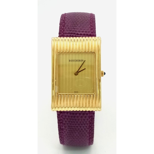 590 - A Sophisticated Boucheron 18K Gold Ladies Quartz Watch. Purple leather strap. Rectangular case - 24m... 