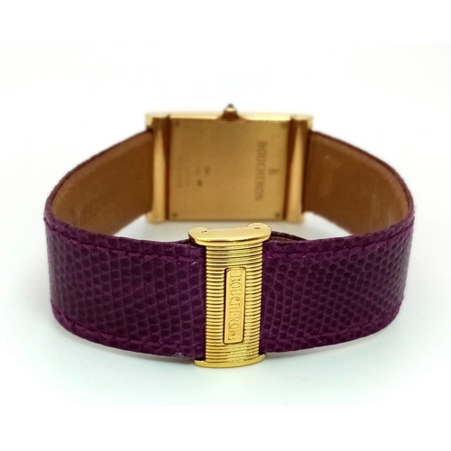 590 - A Sophisticated Boucheron 18K Gold Ladies Quartz Watch. Purple leather strap. Rectangular case - 24m... 