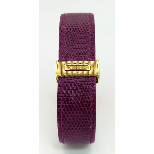 590 - A Sophisticated Boucheron 18K Gold Ladies Quartz Watch. Purple leather strap. Rectangular case - 24m... 