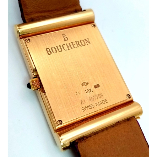 590 - A Sophisticated Boucheron 18K Gold Ladies Quartz Watch. Purple leather strap. Rectangular case - 24m... 