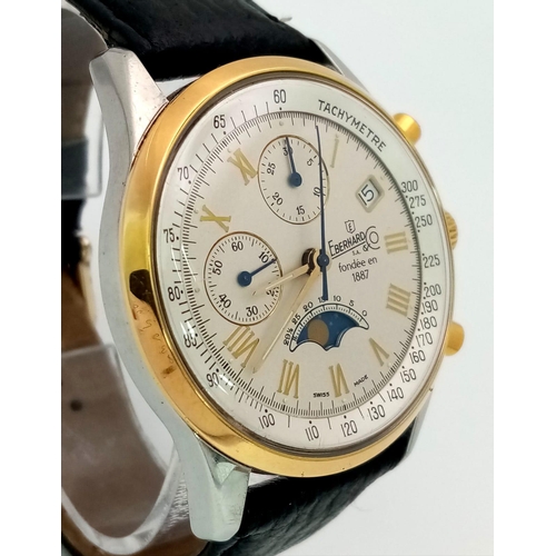 660 - A Limited Edition Vintage Eberhard Chronograph Moon-phase Gents Watch. Black leather strap. Two-tone... 