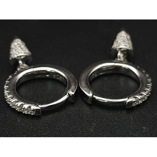 1135 - A pair of silver half hoop earrings set with CZ and hanging pendants. Ref: 7086