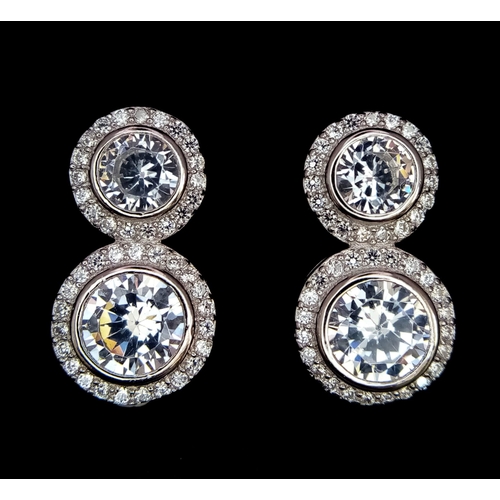 1156 - A Pair of Silver Double Drop CZ Halo Earrings. Ref: 6974