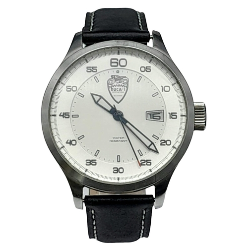 1157 - A Ducati Gents Quartz Watch. Black leather strap. Stainless steel case - 47mm. White dial with date ... 