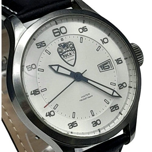 1157 - A Ducati Gents Quartz Watch. Black leather strap. Stainless steel case - 47mm. White dial with date ... 