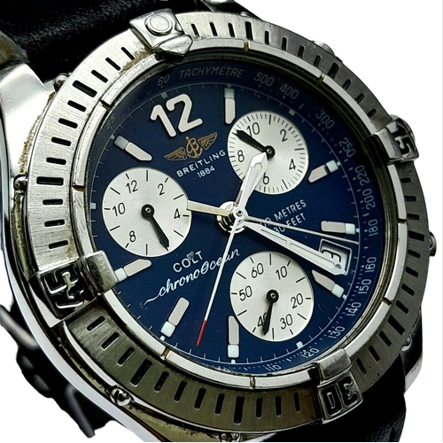 72 - A Breitling Colt Chrono Ocean Gents Watch. Black leather strap. Stainless steel case - 38mm. Blue di... 