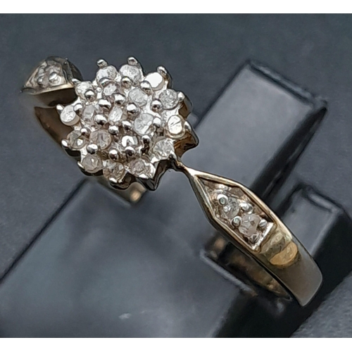 763 - 9kt Yellow Gold Diamond Cluster Ring.
1.4g
Size: Q