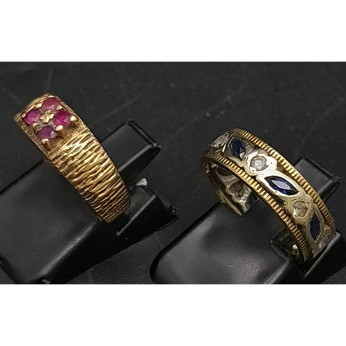 869 - A 9K Bark Effect Ring Set with 4 Rubies, and a 9K Eternity Ring Set with Blue Sapphires and Blue Spi... 