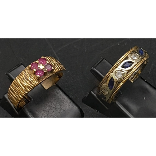 869 - A 9K Bark Effect Ring Set with 4 Rubies, and a 9K Eternity Ring Set with Blue Sapphires and Blue Spi... 