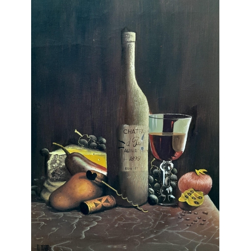 923 - 20th Century M.Morgan Still Life Oil on Canvas Painting of Wine, Cheese and Fruit. In gilded frame -... 