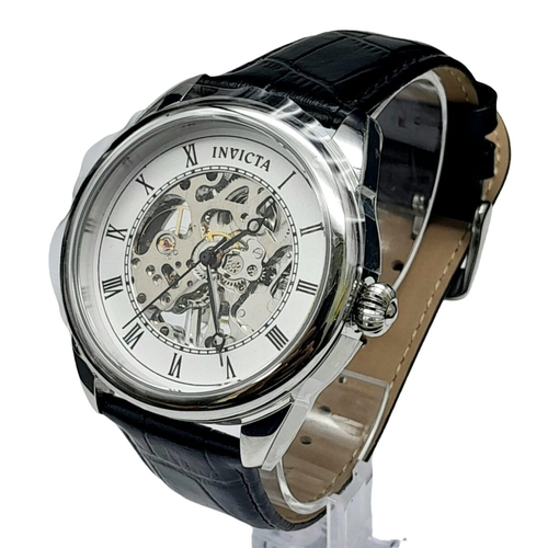 944 - An Invicta Automatic Skeleton Gents Watch. Black leather strap. Stainless steel case - 42mm. Skeleto... 