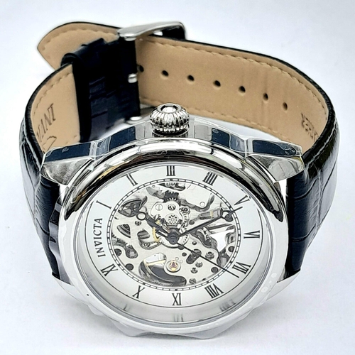 944 - An Invicta Automatic Skeleton Gents Watch. Black leather strap. Stainless steel case - 42mm. Skeleto... 