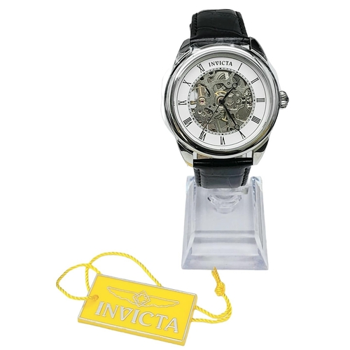 944 - An Invicta Automatic Skeleton Gents Watch. Black leather strap. Stainless steel case - 42mm. Skeleto... 