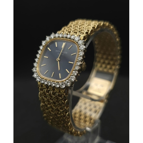 112 - A Vintage Patek Phillipe 18K Yellow Gold and Diamond Watch. 18k gold mesh bracelet. 18k gold case - ... 