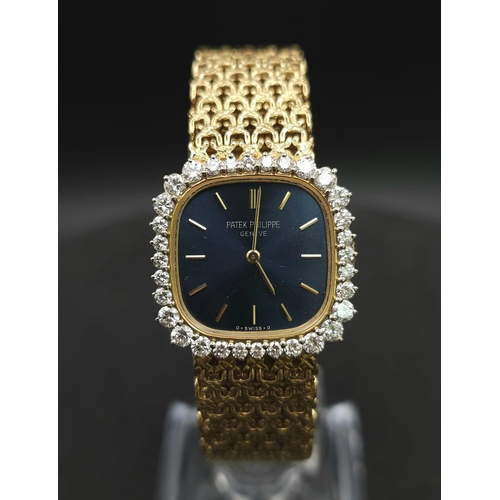 112 - A Vintage Patek Phillipe 18K Yellow Gold and Diamond Watch. 18k gold mesh bracelet. 18k gold case - ... 