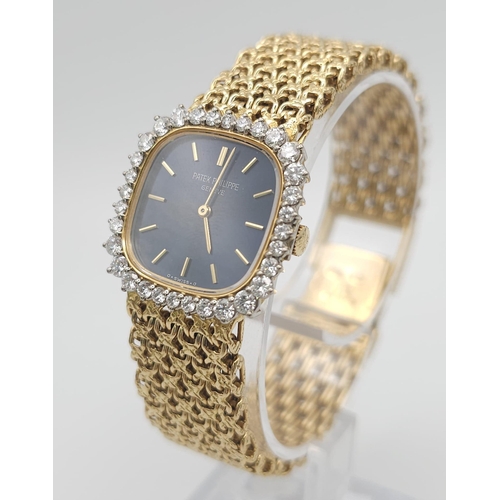 112 - A Vintage Patek Phillipe 18K Yellow Gold and Diamond Watch. 18k gold mesh bracelet. 18k gold case - ... 