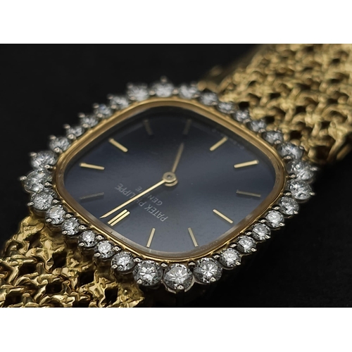 112 - A Vintage Patek Phillipe 18K Yellow Gold and Diamond Watch. 18k gold mesh bracelet. 18k gold case - ... 