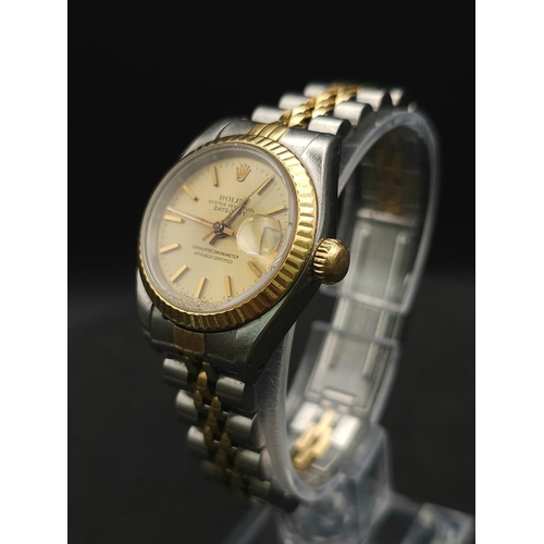 604 - A Classic Rolex Bi-Metal Oyster Perpetual Datejust Ladies Watch. Gold and stainless steel strap and ... 