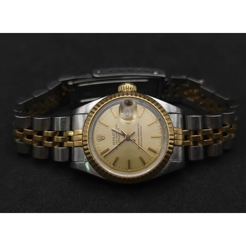 604 - A Classic Rolex Bi-Metal Oyster Perpetual Datejust Ladies Watch. Gold and stainless steel strap and ... 