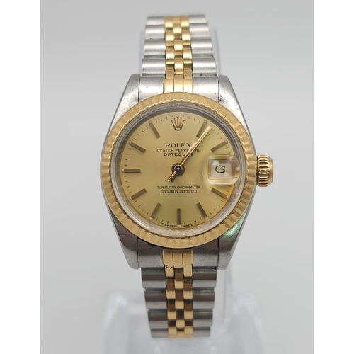 604 - A Classic Rolex Bi-Metal Oyster Perpetual Datejust Ladies Watch. Gold and stainless steel strap and ... 