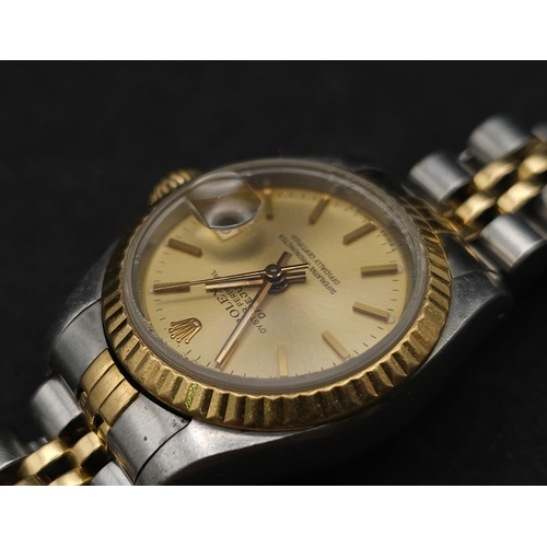 604 - A Classic Rolex Bi-Metal Oyster Perpetual Datejust Ladies Watch. Gold and stainless steel strap and ... 