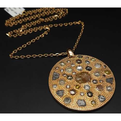 639 - A Theodores 18K Rose Gold and Diamond Circular Pendant on an 18K Rose Gold Chain. 16ctw of rough cut... 