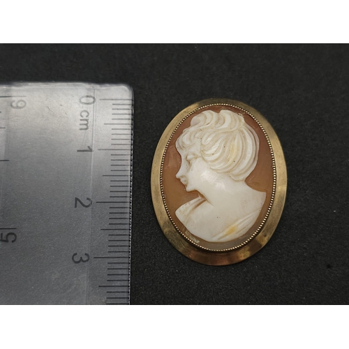 727 - A VINTAGE 9K YELLOW GOLD CAMEO SET PENDANT OR BROOCH, WEIGHT 5.2G, 30X35MM APPROX