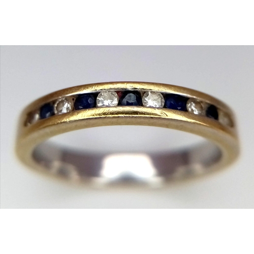 167 - 18K YELLOW GOLD DIAMOND & SAPPHIRE BAND RING. TOTAL WEIGHT 3.9G. SIZE M