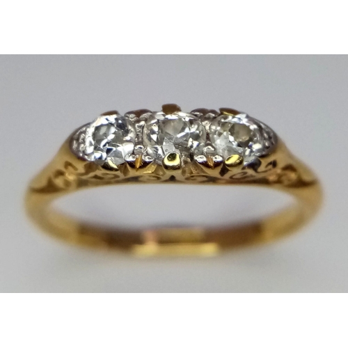 188 - A VINTAGE 18K YELLOW GOLD & PLATINUM STONE OLD CUT  0.35CT DIAMOND RING. TOTAL WEIGHT 2.6G. SIZE M.