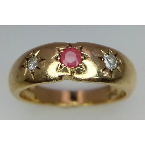 473 - 9kt Yellow Gold Diamond & Ruby Set Ring 0.15ct
W: 4.6g
Size M