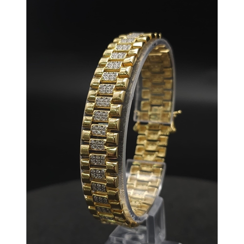 867 - Stunning Sterling Silver gold Vermeil stone set link bracelet. Rolex style. Wt 19g. Length 17 cm.