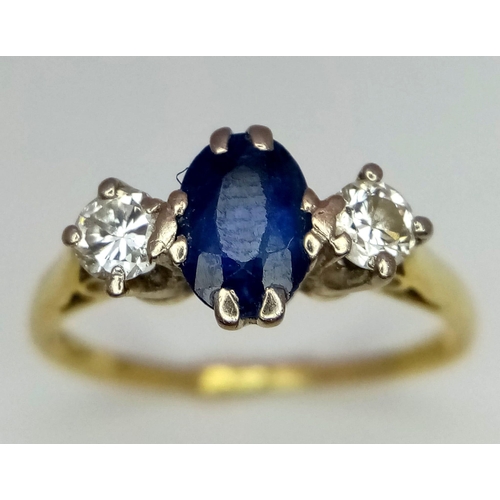 94 - 18kt Yellow Gold Diamond & Sapphire 3 Stone Ring.
0.65ct Oval Sapphire
0.20ct Diamonds
W: 2.2g
Size ... 