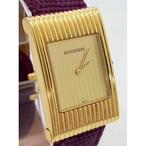 590 - A Sophisticated Boucheron 18K Gold Ladies Quartz Watch. Purple leather strap. Rectangular case - 24m... 