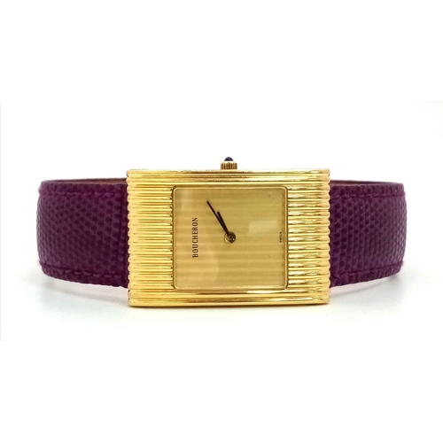 590 - A Sophisticated Boucheron 18K Gold Ladies Quartz Watch. Purple leather strap. Rectangular case - 24m... 